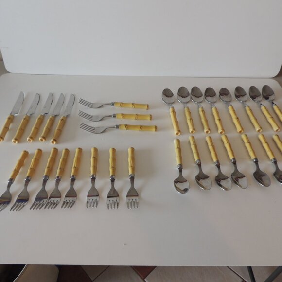 Vintage Faux Bamboo Set of Cutlery 31 Pieces Flatware - Picture 1 of 11